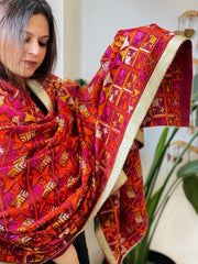 Maroon Designer Phulkari Dupatta in Khaddar Cotton