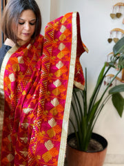 Red Designer Phulkari Dupatta in Khaddar Cotton
