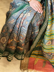 Grey Handpainted Kalamkari Saree in Pure Tussar Silk
