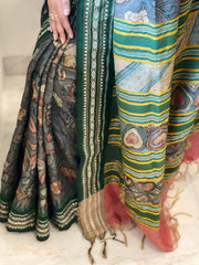 Grey Handpainted Kalamkari Saree in Pure Tussar Silk