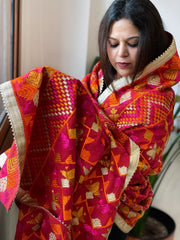 Red Designer Phulkari Dupatta in Khaddar Cotton