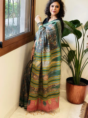 Grey Handpainted Kalamkari Saree in Pure Tussar Silk