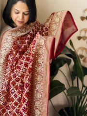 Maroon Handwoven NeemZari Bareek Bandhani with Dabka Handwork in Pure Georgette