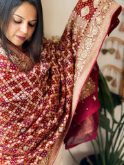 Maroon Handwoven NeemZari Bareek Bandhani with Dabka Handwork in Pure Georgette