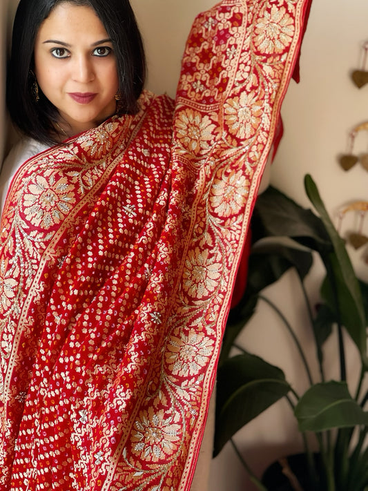 Red Handwoven NeemZari Bareek Bandhani with Dabka Handwork in Pure Georgette