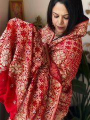 Red Handwoven NeemZari Bareek Bandhani with Dabka Handwork in Pure Georgette