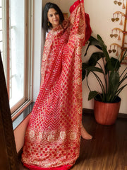 Red Handwoven NeemZari Bareek Bandhani with Dabka Handwork in Pure Georgette