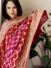 Pink, Red Handwoven NeemZari Bareek Bandhani with Dabka Handwork in Pure Georgette
