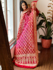 Pink, Red Handwoven NeemZari Bareek Bandhani with Dabka Handwork in Pure Georgette