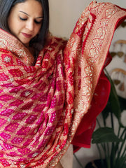 Pink, Red Handwoven NeemZari Bareek Bandhani with Dabka Handwork in Pure Georgette