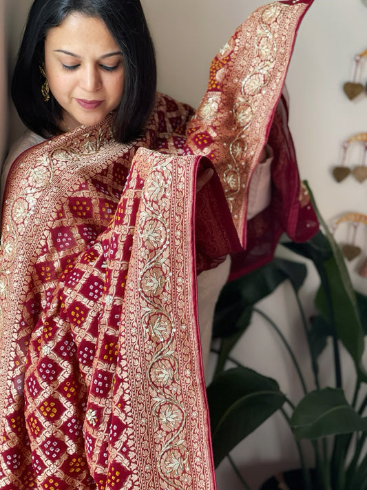 Maroon Handwoven NeemZari Bareek Bandhani with Dabka Handwork in Pure Georgette