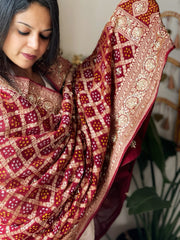 Maroon Handwoven NeemZari Bareek Bandhani with Dabka Handwork in Pure Georgette
