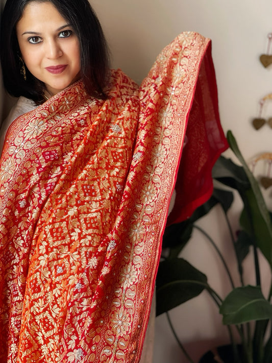 Orange, Red Handwoven NeemZari Bareek Bandhani with Dabka Handwork in Pure Georgette