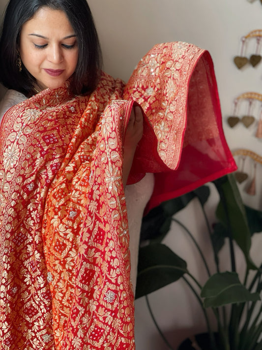 Orange, Red Handwoven NeemZari Bareek Bandhani with Dabka Handwork in Pure Georgette