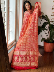 Orange, Red Handwoven NeemZari Bareek Bandhani with Dabka Handwork in Pure Georgette