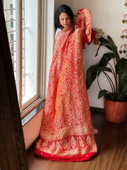 Orange, Red Handwoven NeemZari Bareek Bandhani with Dabka Handwork in Pure Georgette