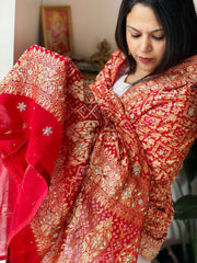 Orange, Red Handwoven NeemZari Bareek Bandhani with Dabka Handwork in Pure Georgette
