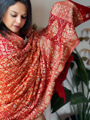 Orange, Red Handwoven NeemZari Bareek Bandhani with Dabka Handwork in Pure Georgette