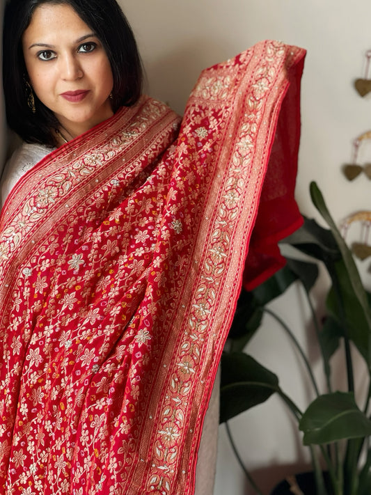 Coral Red Handwoven NeemZari Bareek Bandhani with Dabka Handwork in Pure Georgette