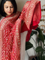 Coral Red Handwoven NeemZari Bareek Bandhani with Dabka Handwork in Pure Georgette