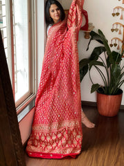 Coral Red Handwoven NeemZari Bareek Bandhani with Dabka Handwork in Pure Georgette