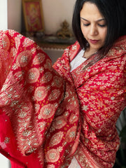 Coral Red Handwoven NeemZari Bareek Bandhani with Dabka Handwork in Pure Georgette