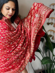 Coral Red Handwoven NeemZari Bareek Bandhani with Dabka Handwork in Pure Georgette