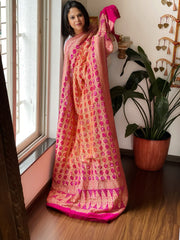 Orange, Pink Neemzari Bandhani Dupatta with Mukaish Handwork in Georgette