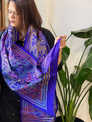 Blue Handmade Reverse Nakshi Kantha Stole in Pure Silk