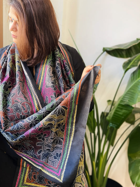 Black Handmade Reverse Nakshi Kantha Stole in Pure Silk