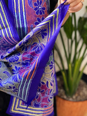 Blue Handmade Reverse Nakshi Kantha Stole in Pure Silk