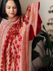 Coral Red Neemzari Bandhani Dupatta with Mukaish Handwork in Georgette