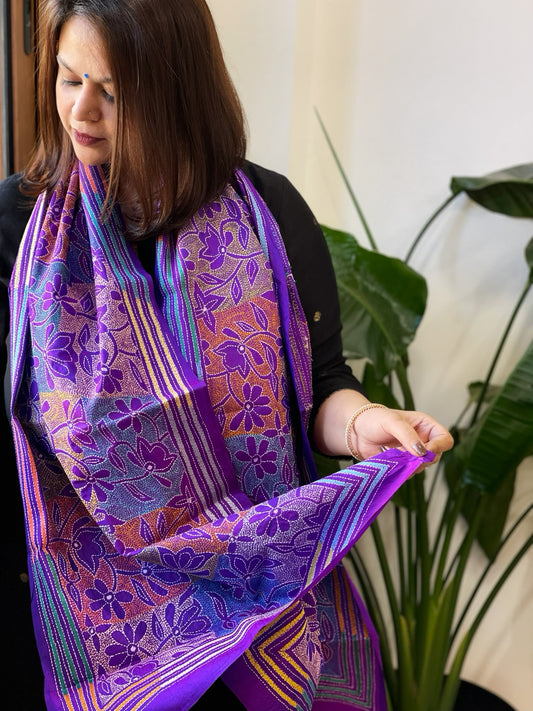 Purple Handmade Reverse Nakshi Kantha Stole in Pure Silk