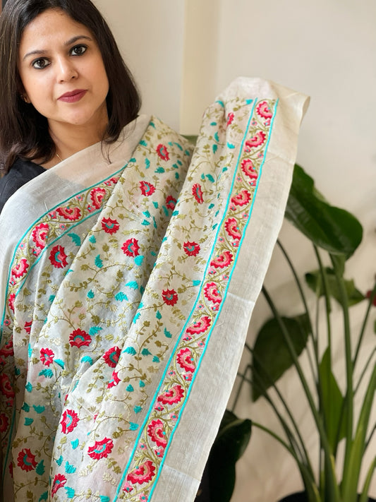 Tussar Silk dupatta with Thread Jaal Embroidery