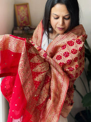 Coral Red Neemzari Bandhani Dupatta with Mukaish Handwork in Georgette