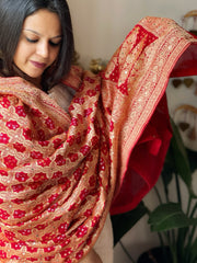Coral Red Neemzari Bandhani Dupatta with Mukaish Handwork in Georgette