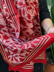 Red Handmade Reverse Nakshi Kantha Stole in Pure Silk