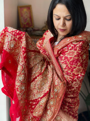 Orange, Red Handwoven NeemZari Bareek Bandhani with Dabka Handwork in Pure Georgette