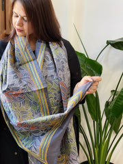 Grey Handmade Reverse Nakshi Kantha Stole in Pure Silk