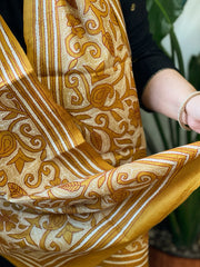 Yellow Handmade Reverse Nakshi Kantha Stole in Pure Silk