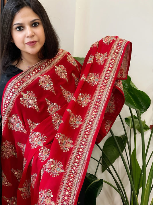 Red Georgette Dupatta with Thread & Sequin Embroidered Buttas and Border