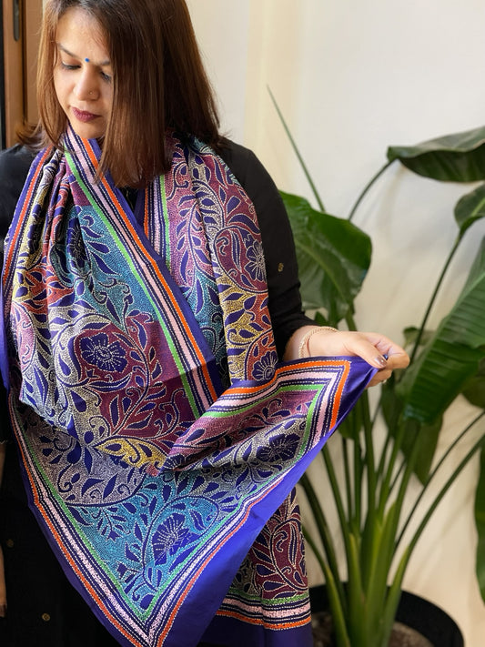 Blue Handmade Reverse Nakshi Kantha Stole in Pure Silk