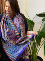 Blue Handmade Reverse Nakshi Kantha Stole in Pure Silk