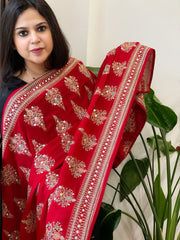 Red Georgette Dupatta with Thread & Sequin Embroidered Buttas and Border