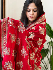 Red Georgette Dupatta with Thread & Sequin Embroidered Buttas and Border