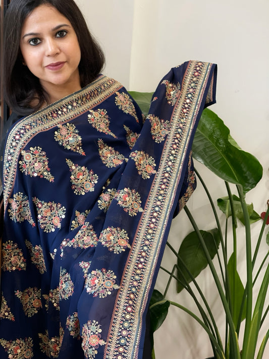 Navy Blue Georgette Dupatta with Thread & Sequin Embroidered Buttas and Border