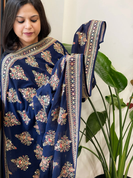 Navy Blue Georgette Dupatta with Thread & Sequin Embroidered Buttas and Border