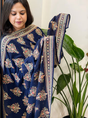Navy Blue Georgette Dupatta with Thread & Sequin Embroidered Buttas and Border