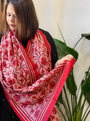 Red Handmade Reverse Nakshi Kantha Stole in Pure Silk