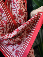 Red Handmade Reverse Nakshi Kantha Stole in Pure Silk